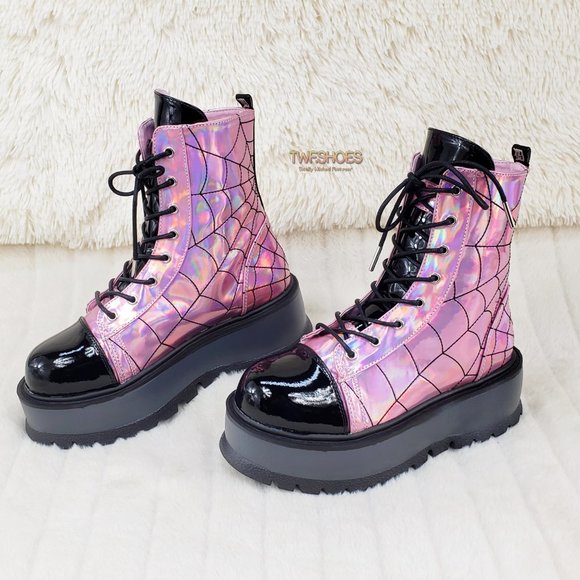 Pink Hologram Platform Spider Web Ankle Boots Punk Rave Festival Slacker - Picture 12 of 12
